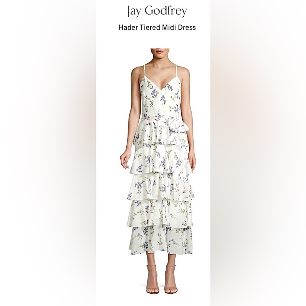 Jay Godfrey Hader Lavender Blue Floral Tiered Midi Dress Low Cut in White size 2